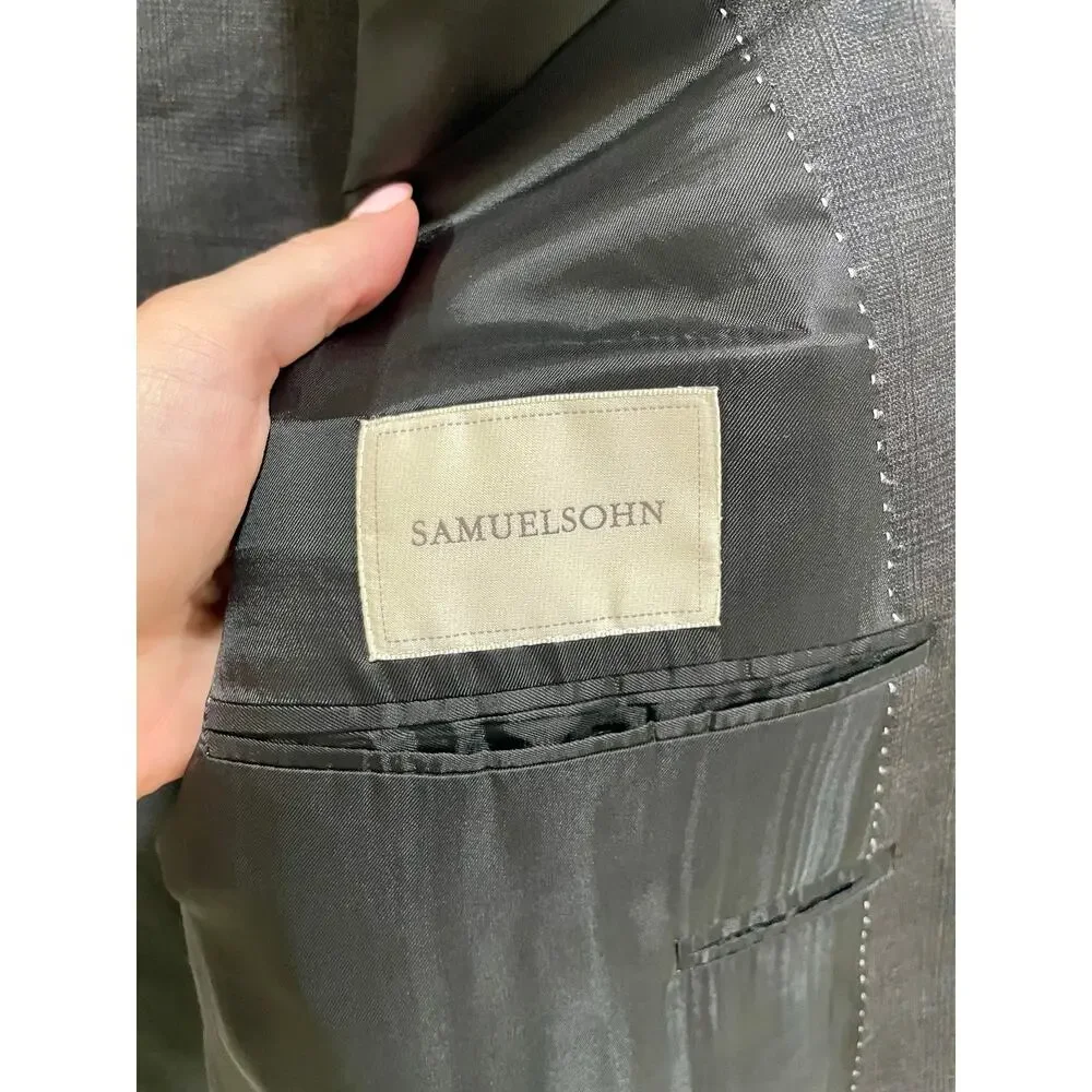 Samuelsohn Blazer Pant Suit Set Gray Plaid 48/42 Tall Long